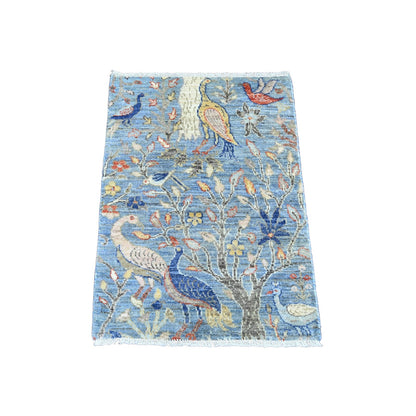 2'1"X3' Maya Blue Afghan Peshawar Birds Design Hand Knotted Wool Mat Rug