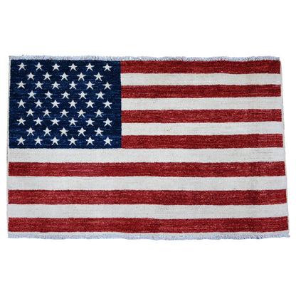 2'5"X4' Red Wall Hanging American Flag Hand Knotted All Wool Peshawar Rug