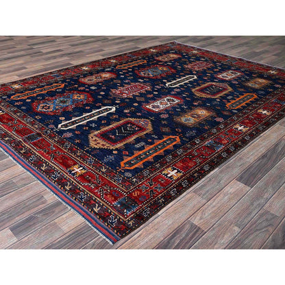 6'4"X8'9" Blue Afghan Ersari Caucasian Design Revival Wool Hand Knotted Rug