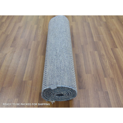 2'6"X10' Blue Hand Knotted Modern Grass Design Wool And Silk Runner Rug