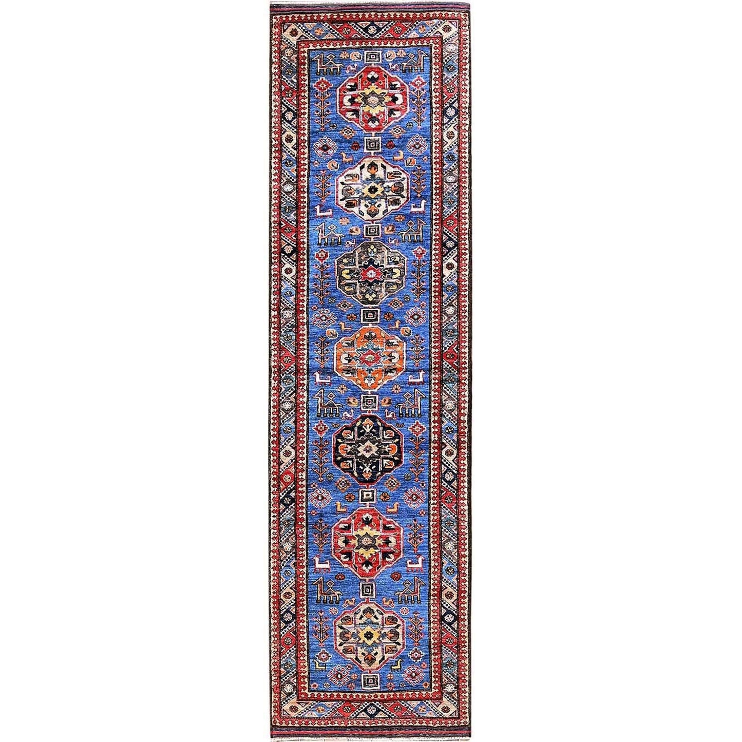 2'8"X9'7" Blue Afghan Caucasian Design Revival Wool Hand Knotted Runner Rug