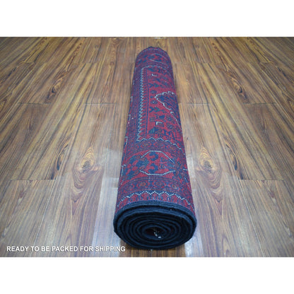3'X9'7" Red Tribal Design Wool Afghan Khamyab Hand Knotted Runner Rug