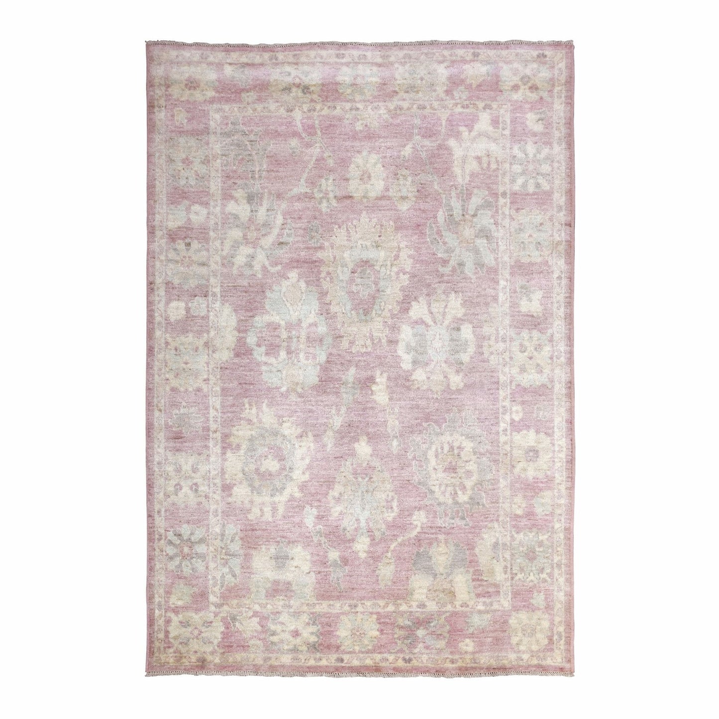 6'1"X8'8" Soft Wool Hand Knotted Coral Pink Angora Oushak Oriental Rug