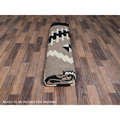 9'2"x11'10" Brown Southwest Geometric Design Hand Woven Flat Weave Wool Rug