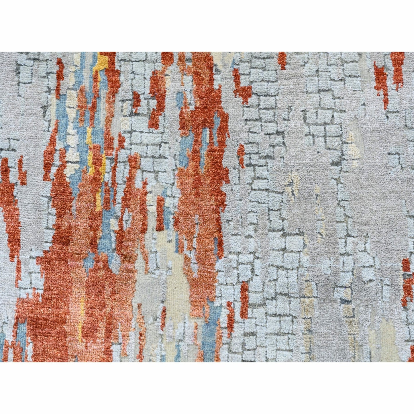 2'7"X20' Wool & Silk Abstract Fire Mosaic Design Hand Made Xl Runner Rug