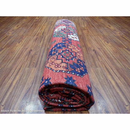 10'X13'9" Soft Wool Hand Knotted Coral Red Afghan Ersari Rug