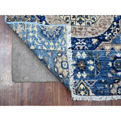 2'6"X8' Duke Blue Aryana Mamluk Design Hand Knotted Soft Wool Runner Rug
