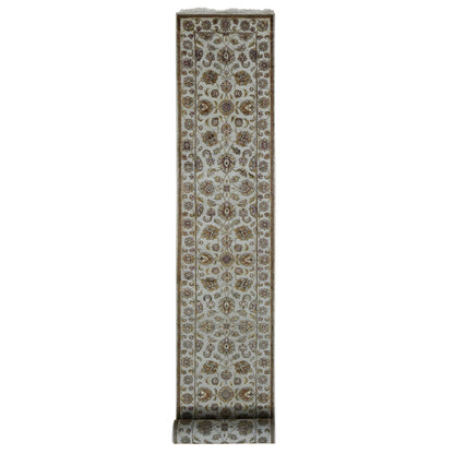 2'7"X16' Bone White Wool And Silk Rajasthan Hand Knotted Xl Runner Rug