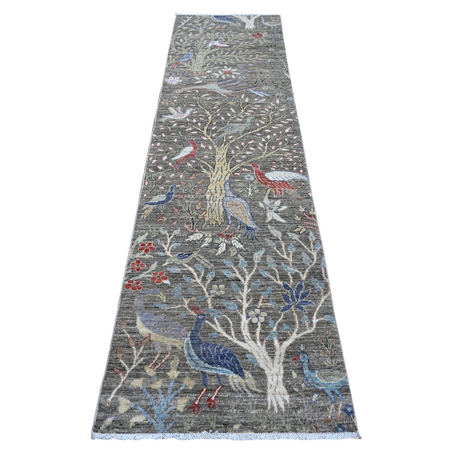 2'6"X9'9" Gray Birds Of Paradise Hand Knotted Wool Runner Oriental Rug