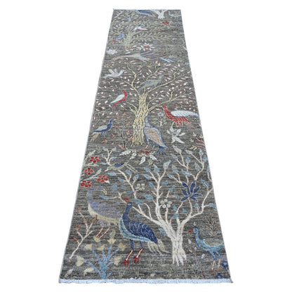 2'6"X9'9" Gray Birds Of Paradise Hand Knotted Wool Runner Oriental Rug