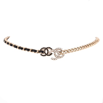 Chanel Double Cc Chain Choker Necklace Metal With Leather And Crystals