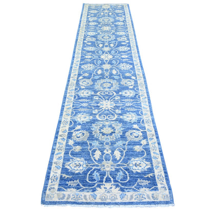 2'8"X11'8" Blue Soft Wool Hand Knotted Finer Peshawar Runner Rug