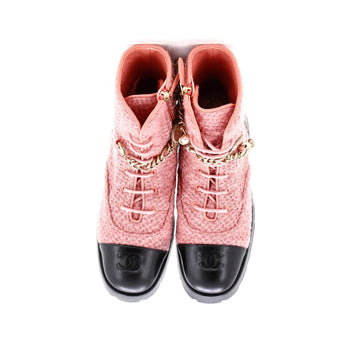 Leather Chanel Women's Charm Chain CC Cap Toe Combat Boots Tweed and