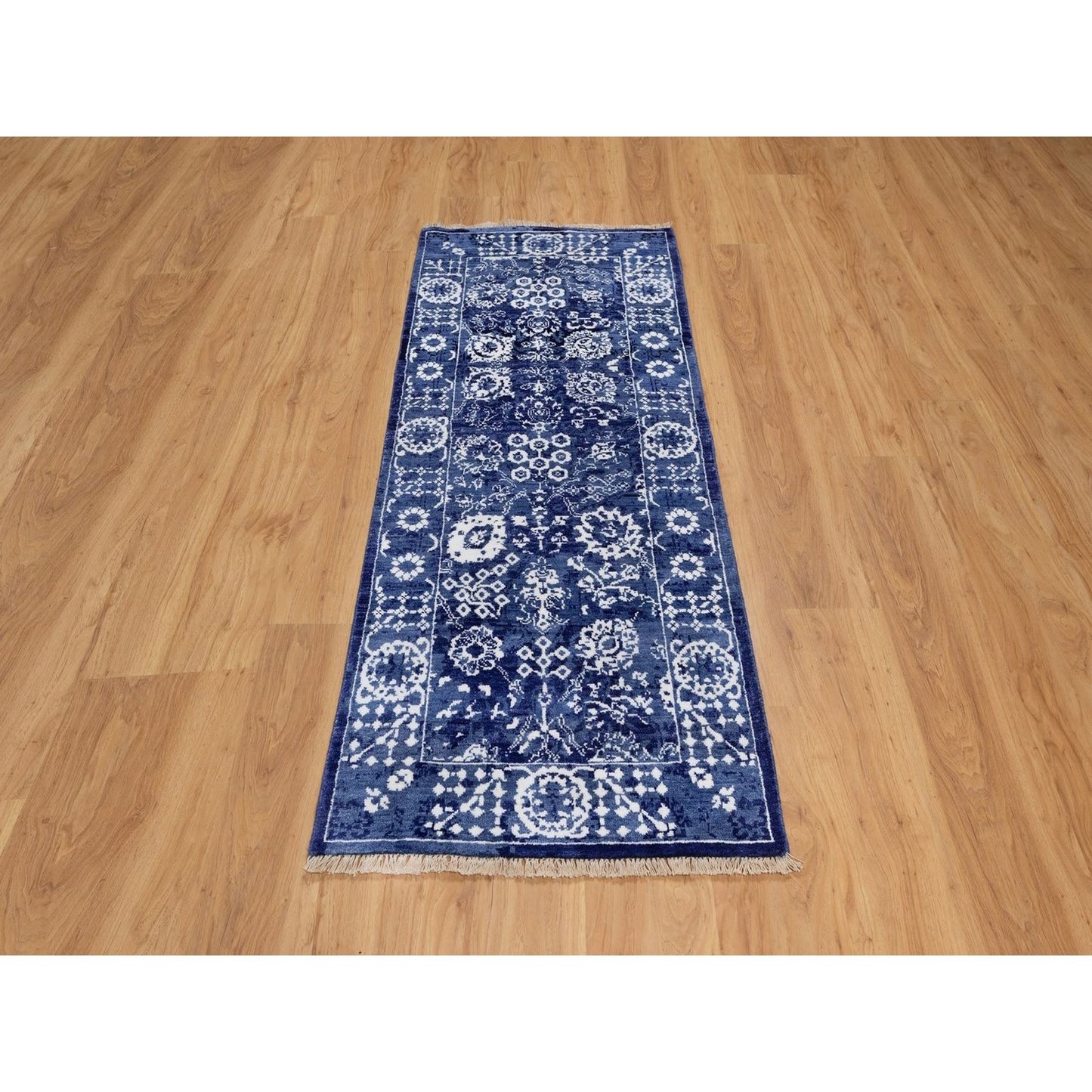 2'6"X6' Ensign Blue Wool And Silk Rug Tebraz With Leaf Design Hand Knotted