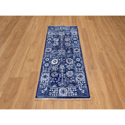 2'6"X6' Ensign Blue Wool And Silk Rug Tebraz With Leaf Design Hand Knotted