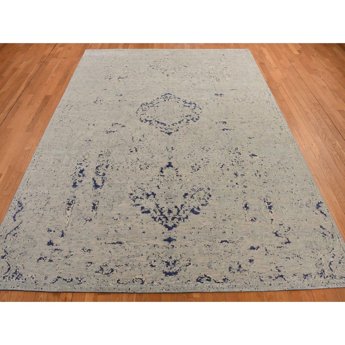8'8"X12'1" Blue Broken Medallion Design Silk With Wool Hand Knotted Rug