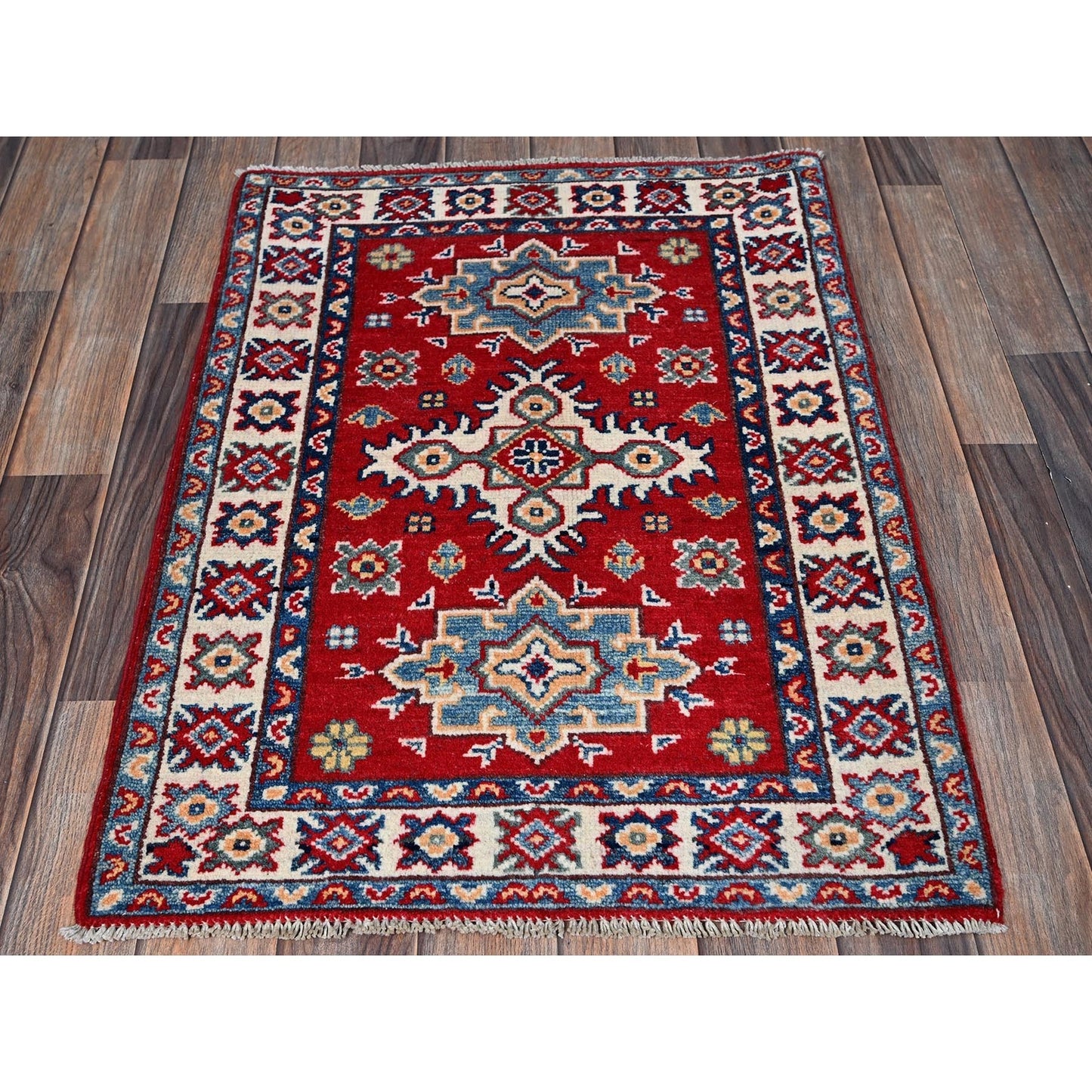 2'2"X3' Red Kazak With Geometric Pattern Soft Wool Hand Knotted Mat Rug