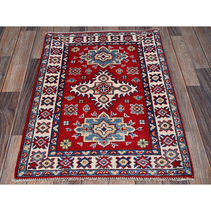 2'2"X3' Red Kazak With Geometric Pattern Soft Wool Hand Knotted Mat Rug