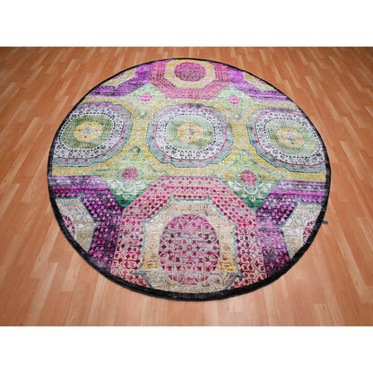 8'1"X8'1" Yellow Mamluk Design Sari Silk With Wool Hand Knotted Round Rug