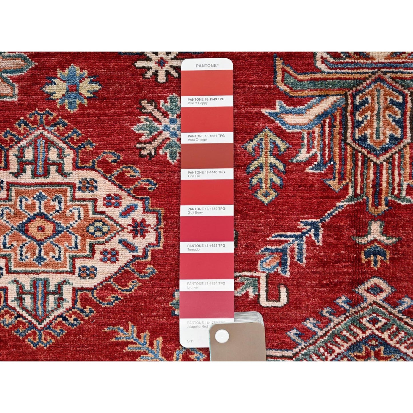 6'2"X8'6" Red Hand Knotted Afghan Super Kazak Medallions Design Wool Rug