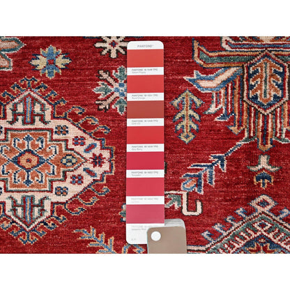 6'2"X8'6" Red Hand Knotted Afghan Super Kazak Medallions Design Wool Rug