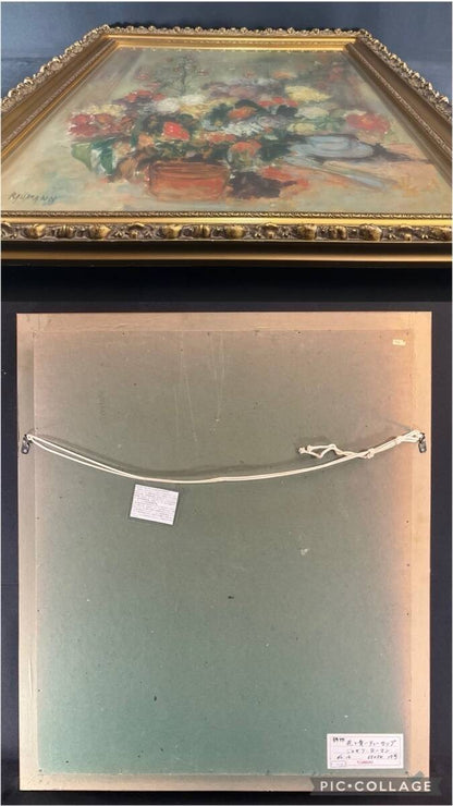 15F Joseph Raumann (Hungary) Oil Painting "Flowers and Blue Teacup" Still Life