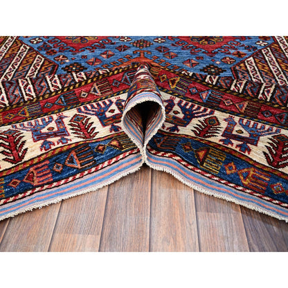 5'10"X9' Azure Blue Hand Knotted Shiny Wool Turkish Knot Striped Rug
