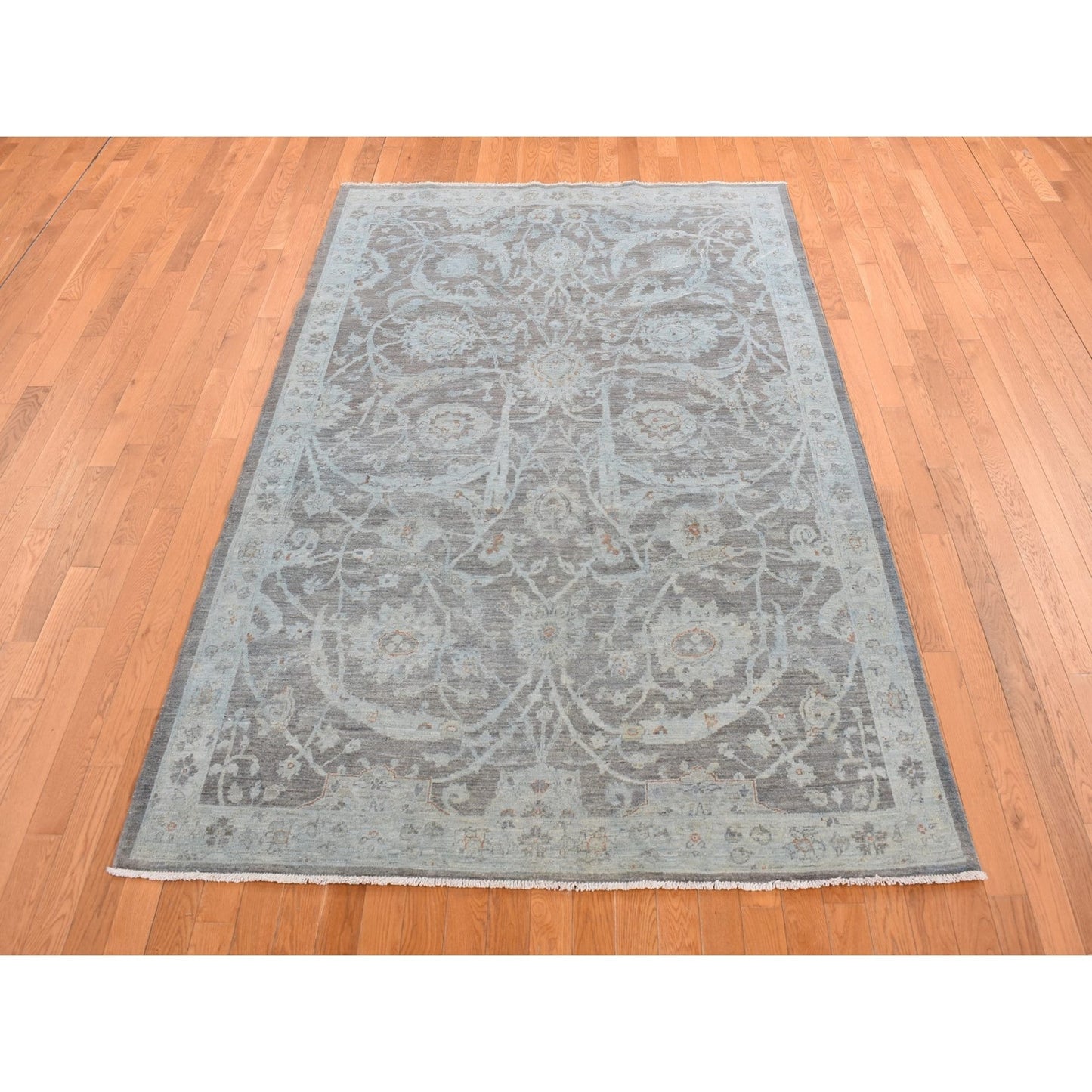 5'9"X9' Arctic Blue Silver Wash Peshawar Hand Knotted Pure Wool Rug