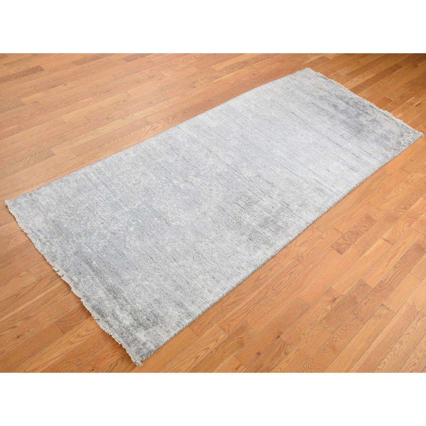 4'X9'8" Gray Erased Zoroastrian Design Runner Wool-Silk Hand Knotted Rug