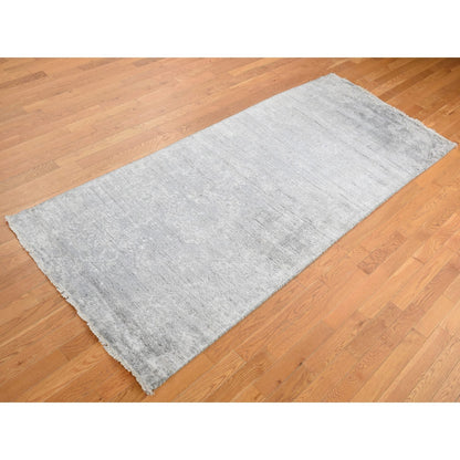 4'X9'8" Gray Erased Zoroastrian Design Runner Wool-Silk Hand Knotted Rug