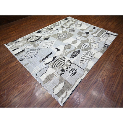 7'4"X9'6" Ivory Wool Hand Knotted Beni Ourain Moroccan Berber Design Rug