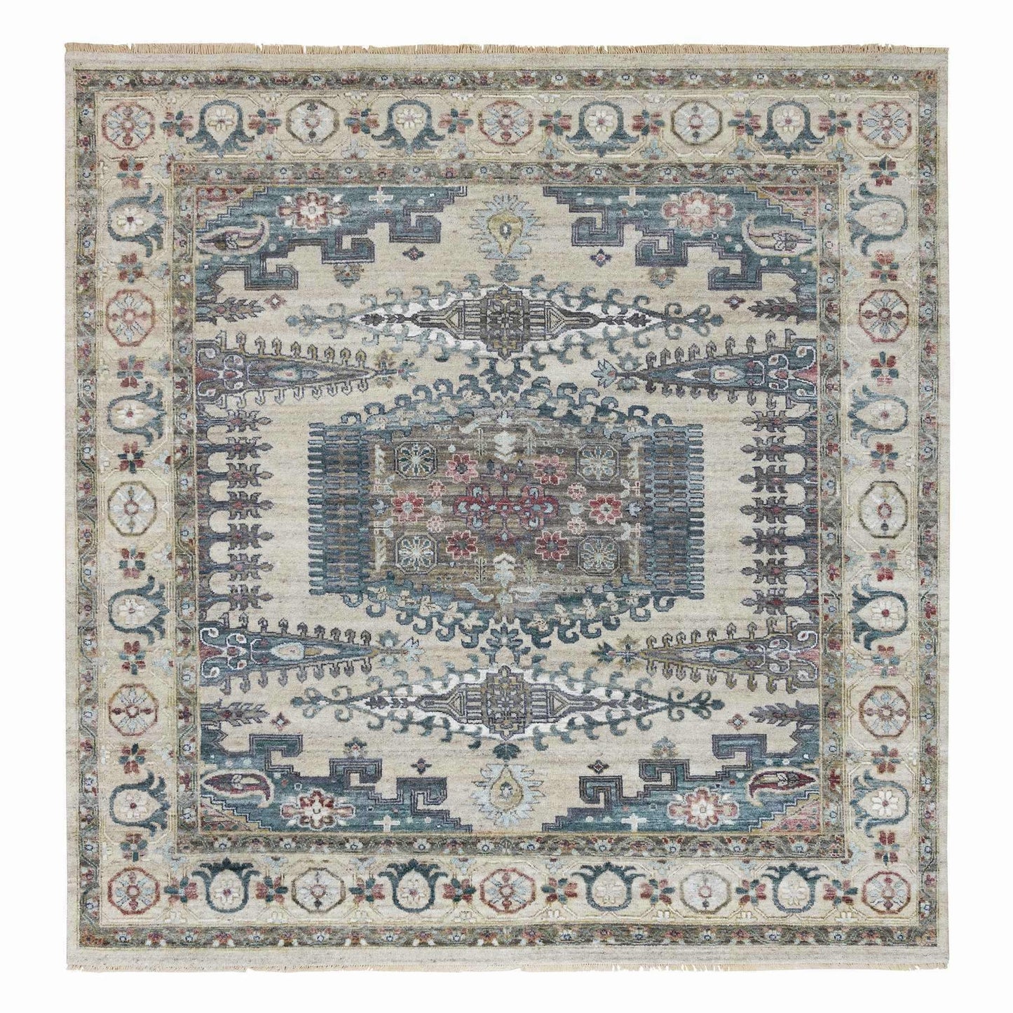 9'8"X10' Winter White Hand Knotted Viss Design Wool Square Oriental Rug