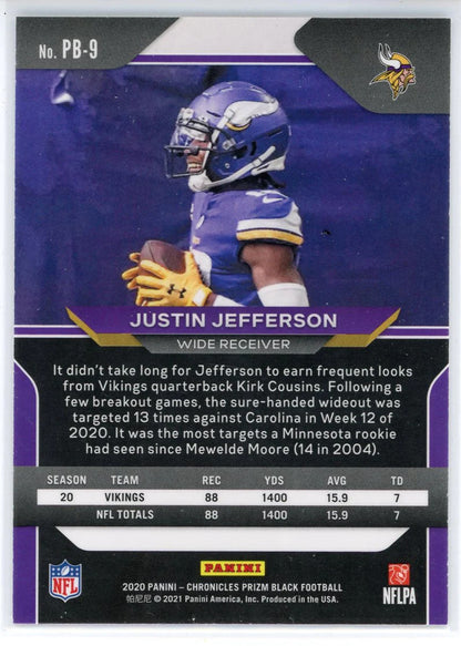 Justin Jefferson 2020 Panini Chronicles Prizm Black Rookie Card #Pb-9