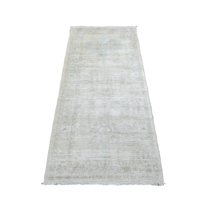 2'7"X5'10" Ivory Stone Wash Hand Knotted Peshawar Afghan Wool Runner Rug