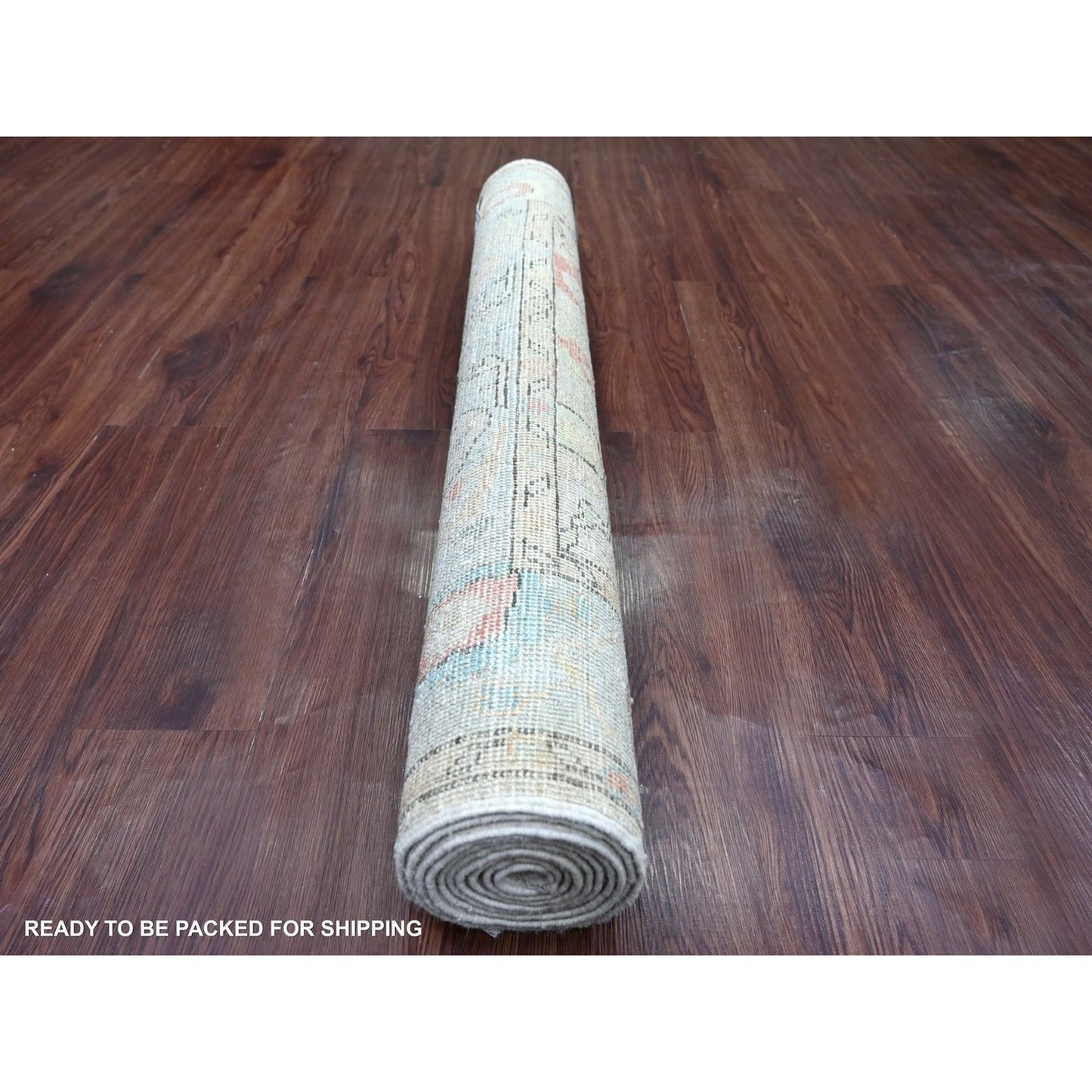 4'x9'7" Light Gray Angora Oushak Leaf Design Hand Knotted Wool Runner Rug