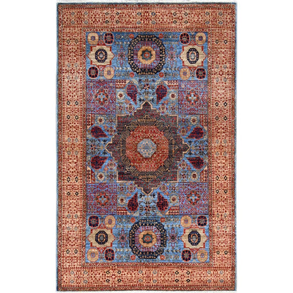 4'X6'5" Azure Blue Hand Knotted Wool Medallions Design Mamluk Dynasty Rug