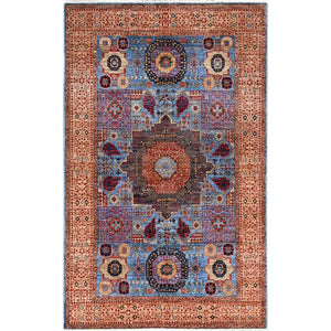 4'X6'5" Azure Blue Hand Knotted Wool Medallions Design Mamluk Dynasty Rug