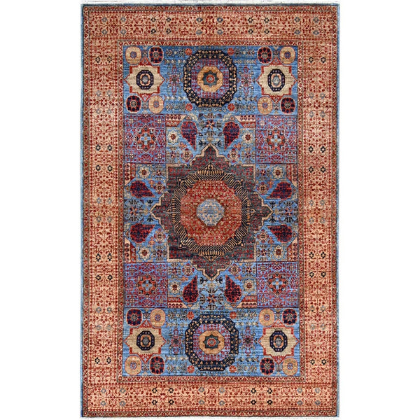 4'X6'5" Azure Blue Hand Knotted Wool Medallions Design Mamluk Dynasty Rug