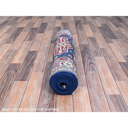 2'8"X11'9" Blue Wool Afghan Super Kazak Natural Dyes Oriental Runner Rug