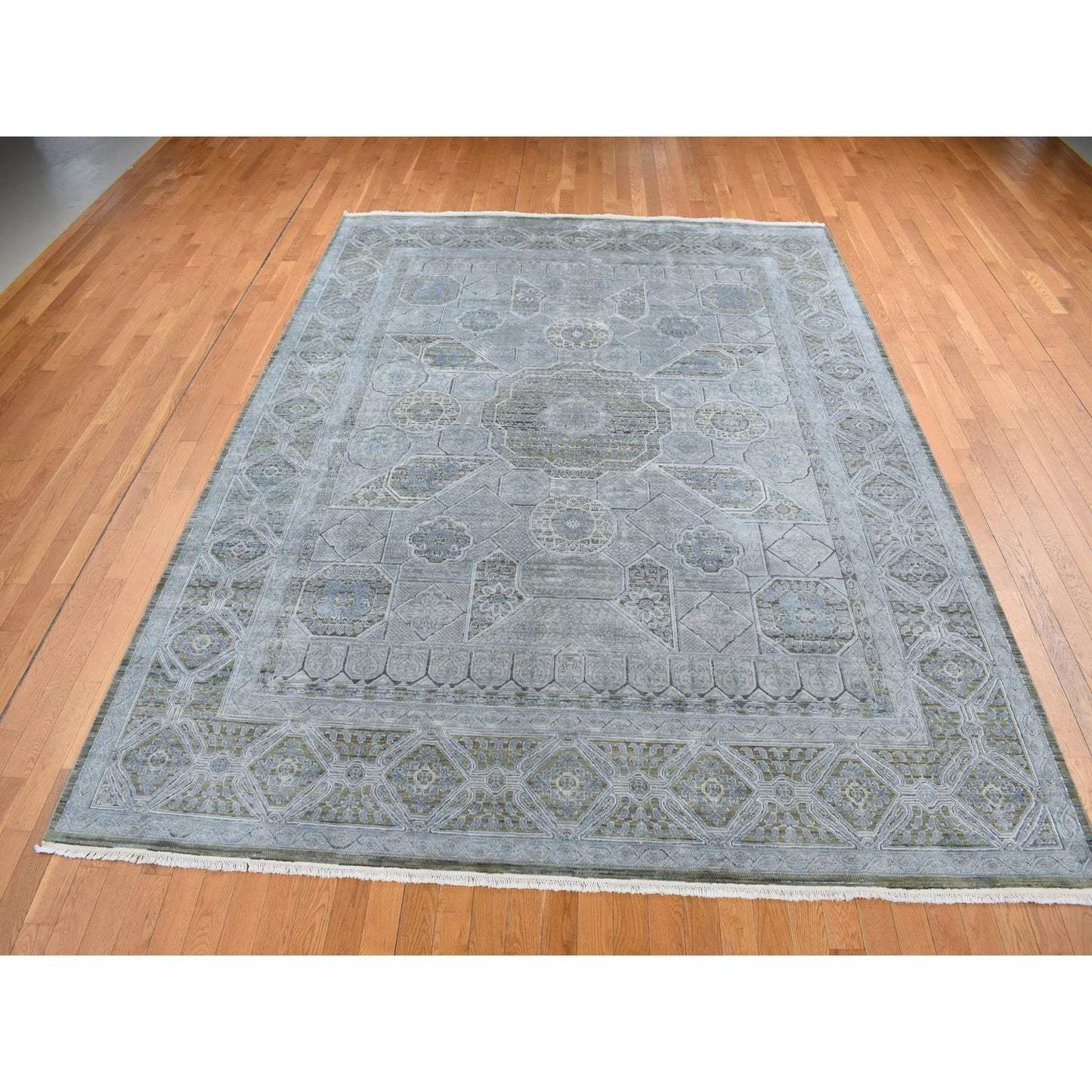 9'X11'7" Cadet Gray Silk With Wool Mamluk Design Hand Knotted Rug