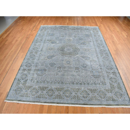 9'X11'7" Cadet Gray Silk With Wool Mamluk Design Hand Knotted Rug