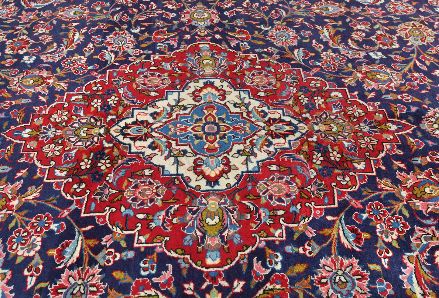 Hand knotted oriental rug navy purple floral traditional vintage carpet