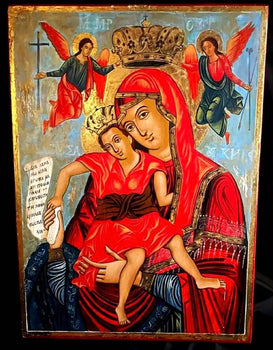 Antique Romania Original Hand Painted Icon Virgin Mary Jesus Christ Painting