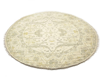 Hand-Knotted Oushak Oriental Round Rug Floral