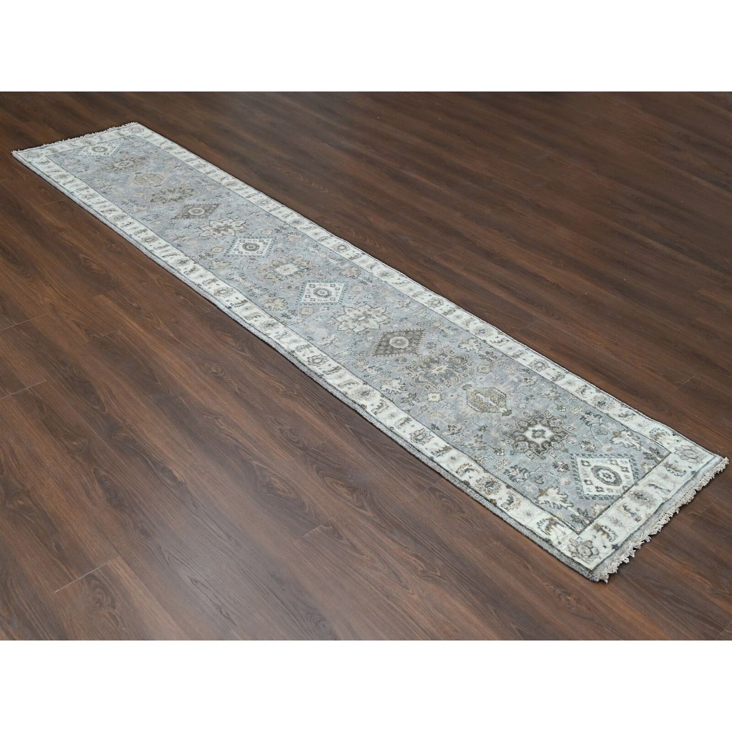 2'6"X11'8" Mist Gray Karjihooz Design Pure Wool Hand Knotted Runner Rug