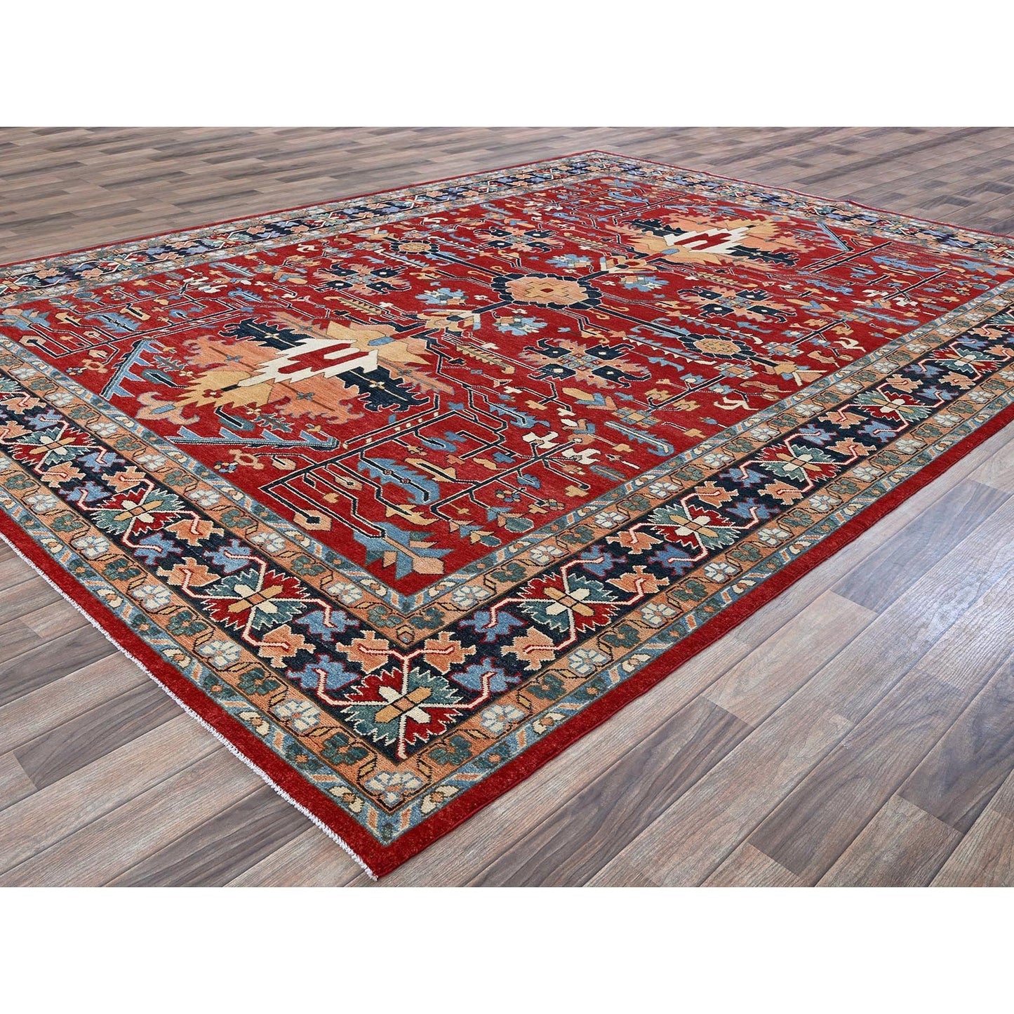 8'10"X12' Red Peshawar With Seeripe Heris Design Hand Knotted Soft Wool Rug