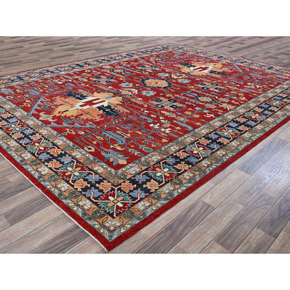 8'10"X12' Red Peshawar With Seeripe Heris Design Hand Knotted Soft Wool Rug