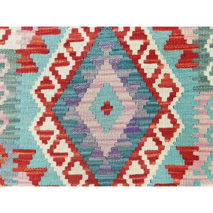 2'8"X15'5" Colorful Afghan Kilim Geometric Hand Woven Pure Wool Runner