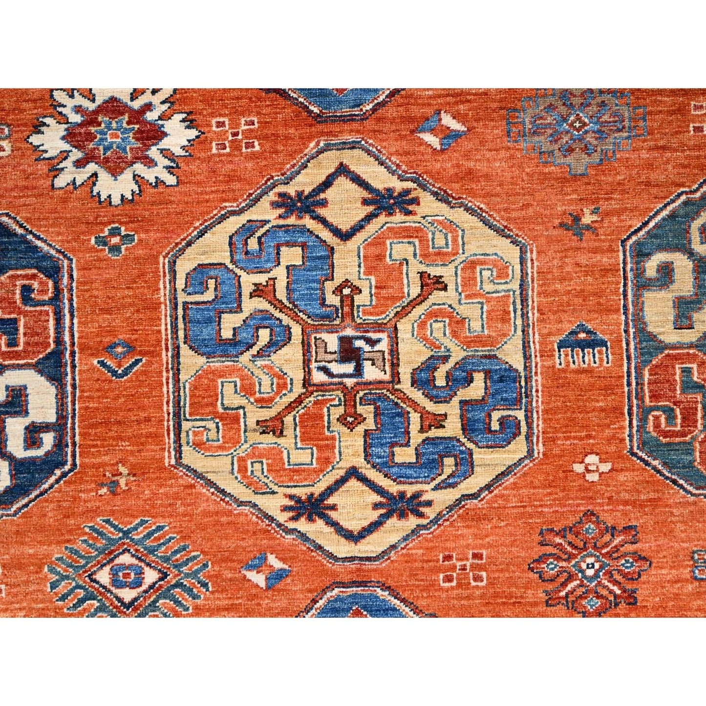 8'10"X11'10" Sun Orange Super Kazak Geometric Wool Hand Knotted Rug
