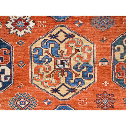 8'10"X11'10" Sun Orange Super Kazak Geometric Wool Hand Knotted Rug